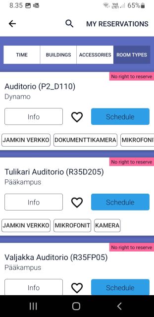 If you don´t have rights to reserve rooms, you see pink box with text No right to reserve. You see the timetable of the room from blue Schedule button