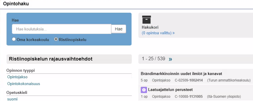 Opintohaku ja ristiinopiskelu-valinta