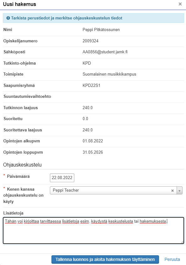 Ohjauskeskustelun tiedot