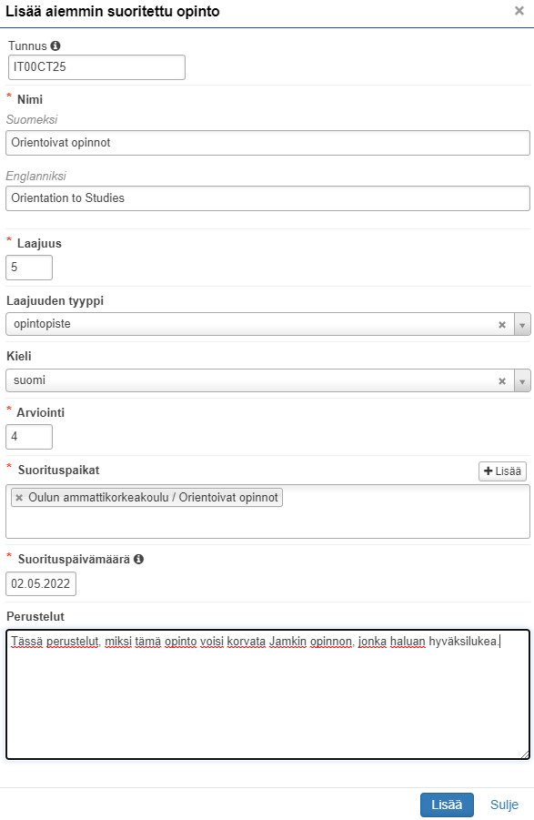 Opinnon tiedot lomakkeella