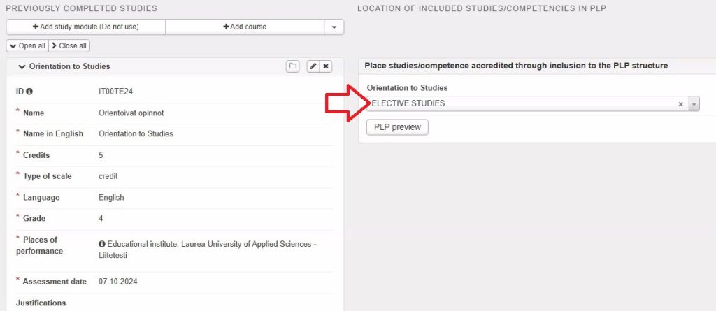 Select from your PLP the study module under which you want to include the course