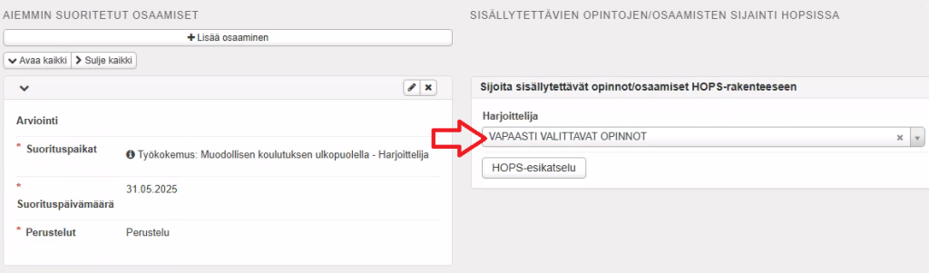 Valitaan HOPSilta se opintokokonaisuus, jonka alle sisällytettävä opinto halutaan sijoittaa
