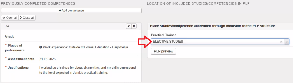 Select from your PLP the study module under which you want to include the course
