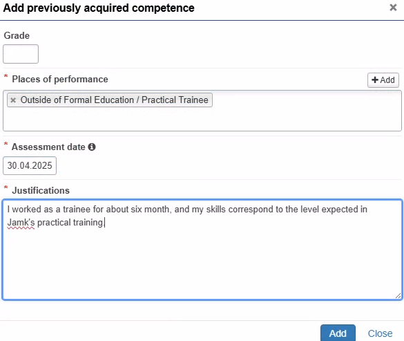 Adding previously acquired competence
