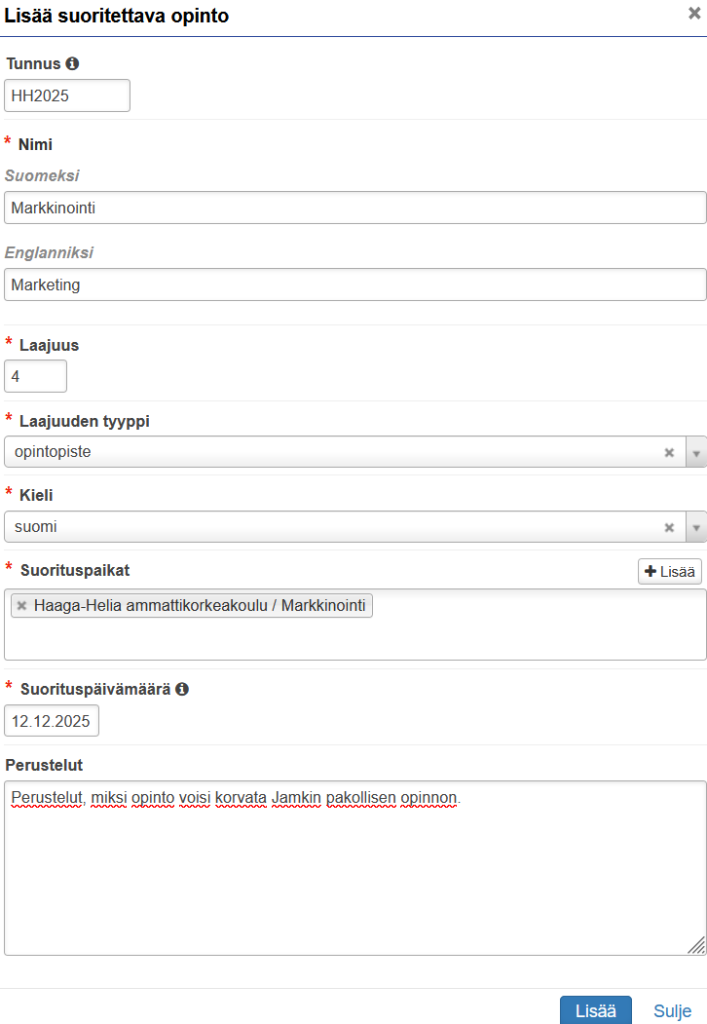 Suoritettavan opinnon tiedot