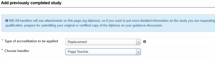 Type of accreditation and handler of the application