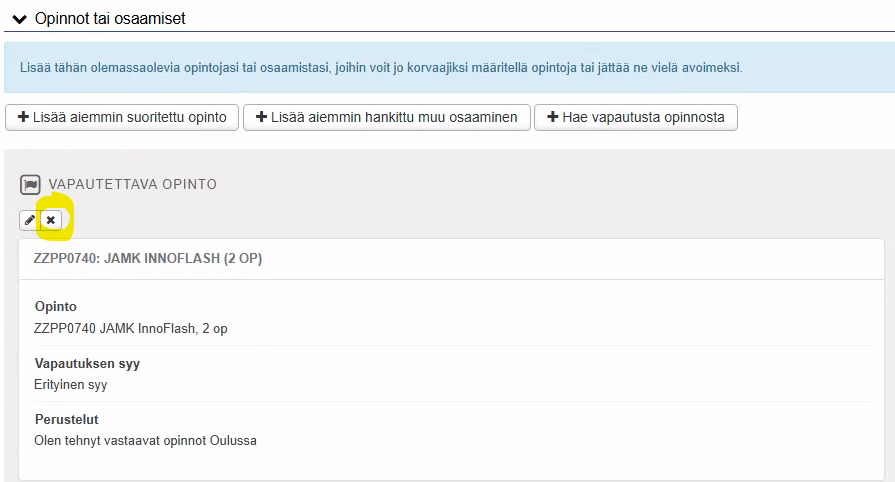 Vapautettavan opinnon poistaminen hakemukselta