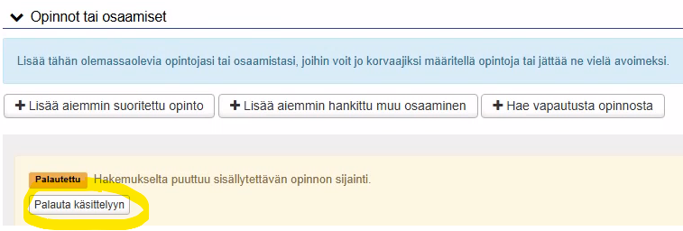 Hakemuksen palauttaminen opettajalle korjausten jälkeen