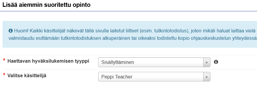 Hyväksilukemisen tyyppi ja käsittelijä sisällyttäminen