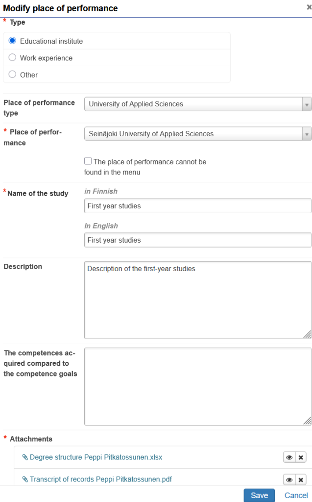 Place of performance on the student's application