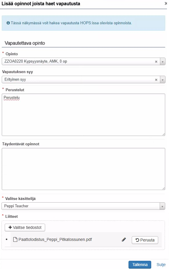 Vapautushakemuksen kenttien täyttäminen