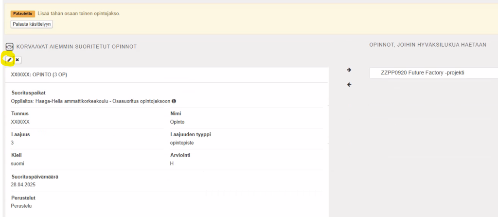Hakemuksen osan muokkaaminen