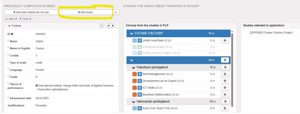 Adding a course to a section of the application