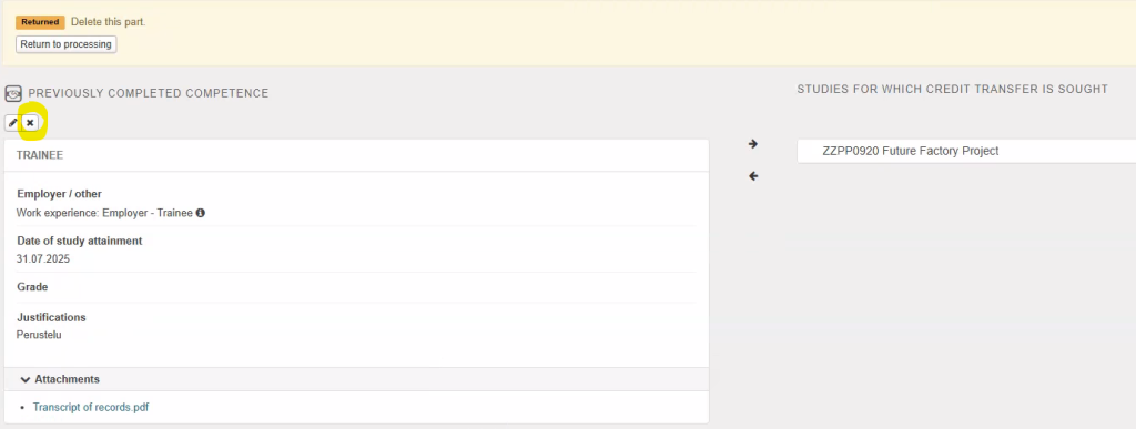 Deleting a section of the application