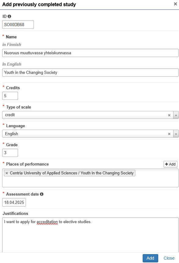Study information on the application