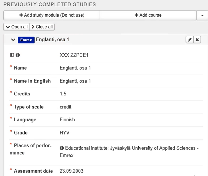 Transferred information on the application