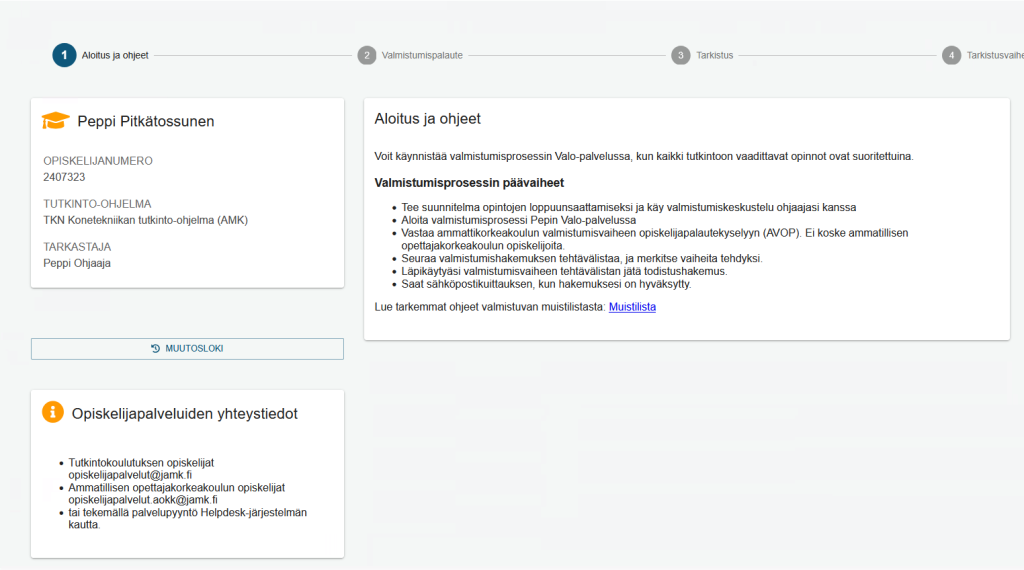 Kuva opiskelijan Valo-valmistumispalvelun etusivusta