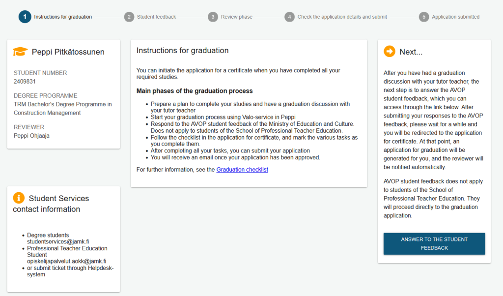 Picture of students Valo dashboard when the process starts