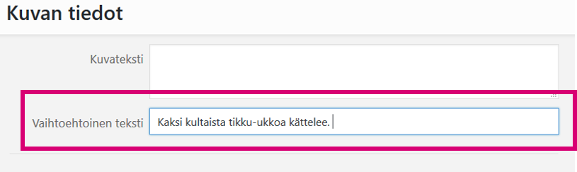 Vaihtoehtoisen tekstin lisääinen kuvaan Worpdressin editorissa