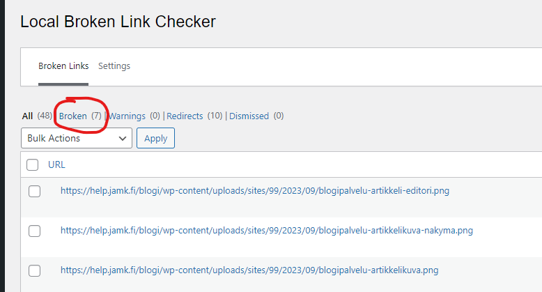 Broken link checker lisäosan asetukset näkymä