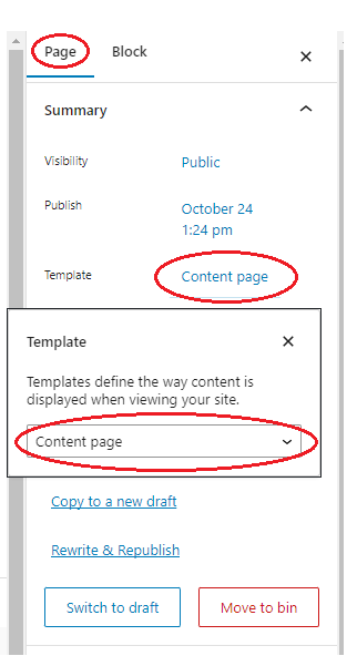 Choosing page template from Page settings