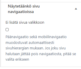 Näytetäänkö sivua navigaatiossa asetus