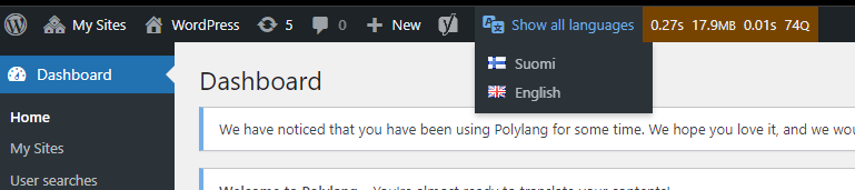 wordpress dashboard, top bar, show all languages