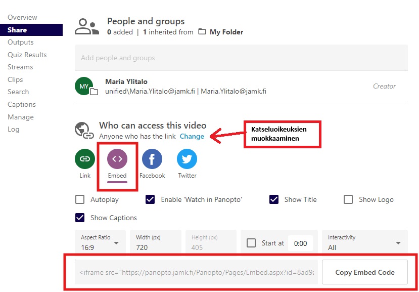 Panopton embed -valinnasta saat upotukseen sopivan iframe-html koodauksen. "Who can access this video" -kohdasta voit muokata videon julkiseksi.