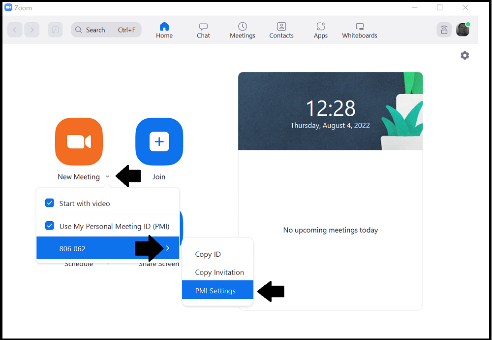 Checking your PMI settings in the Zoom app.